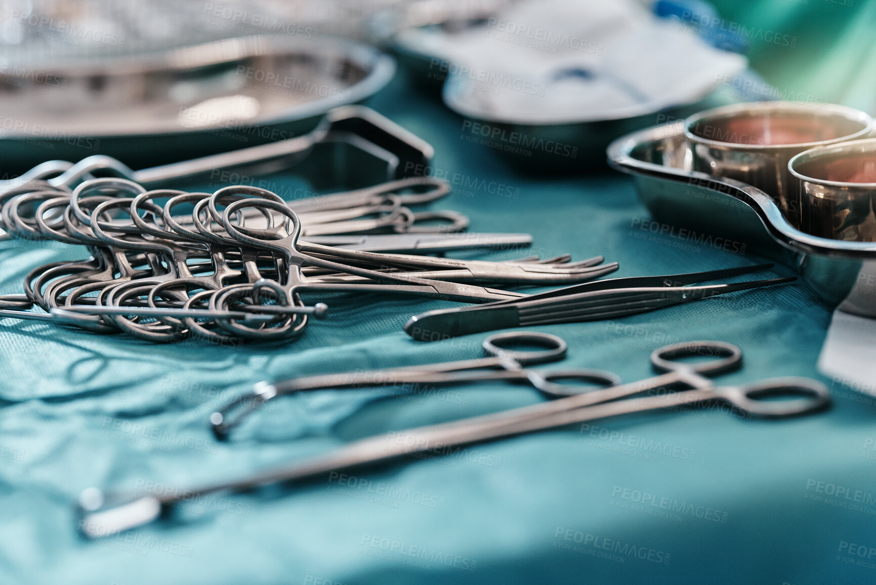 Buy stock photo Medical, surgery and steel tools for hospital care in sterile theater with forceps in operating room, clamps or scissors. Equipment, scalpel and table for surgical procedure, healthcare or wellness