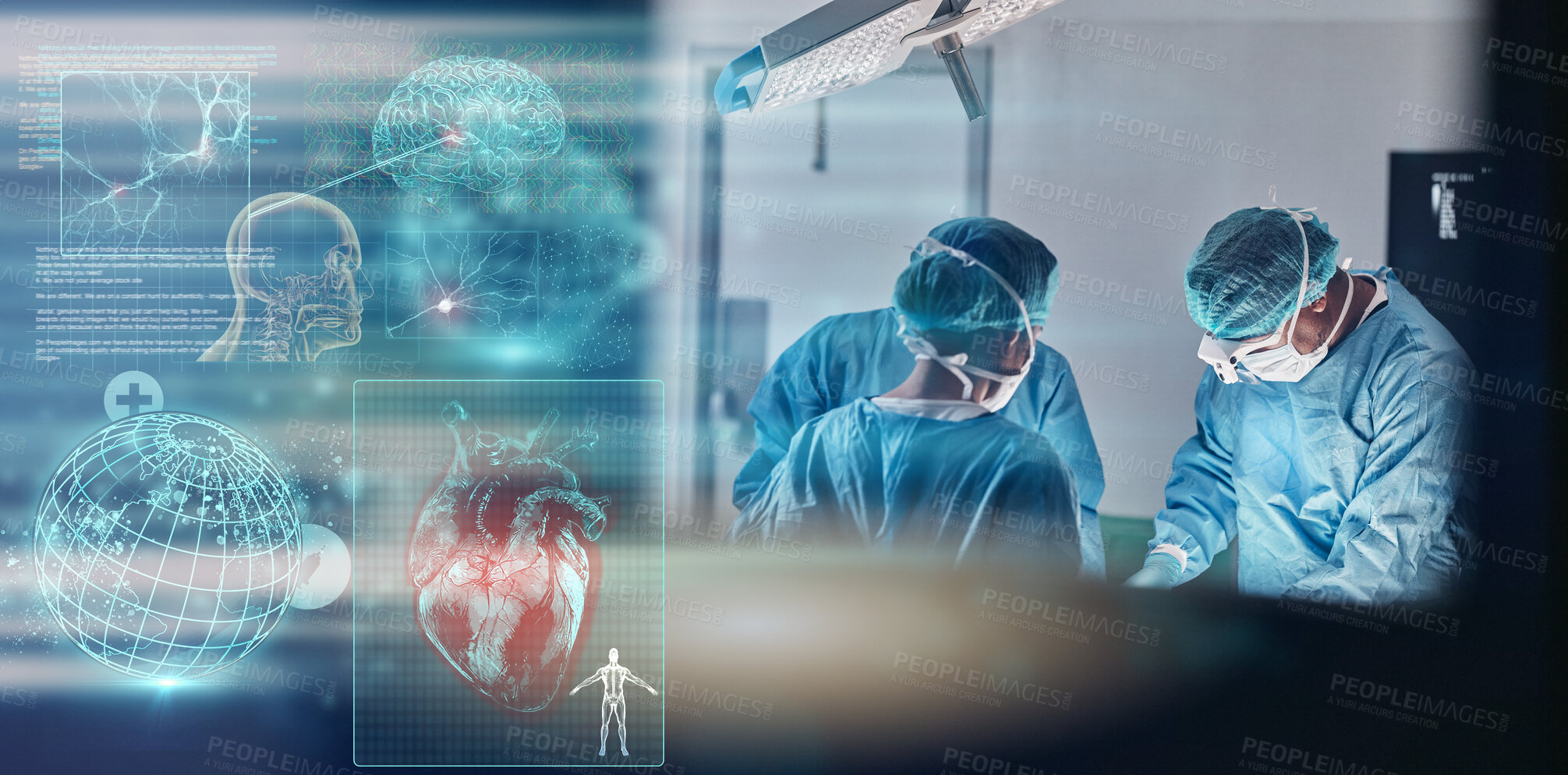 Buy stock photo Doctors, hospital and surgery with global hologram of world in operating room with ppe, anatomy and brain icon. Surgeon, group and planet in icu, 3d earth and cardiology with heart overlay at clinic