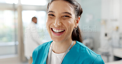 Medical, smile and portrait of nurse in a hospital for healthcare, medicine and employee working in a clinic. Health, care and service by professional woman doctor in surgery or operation room