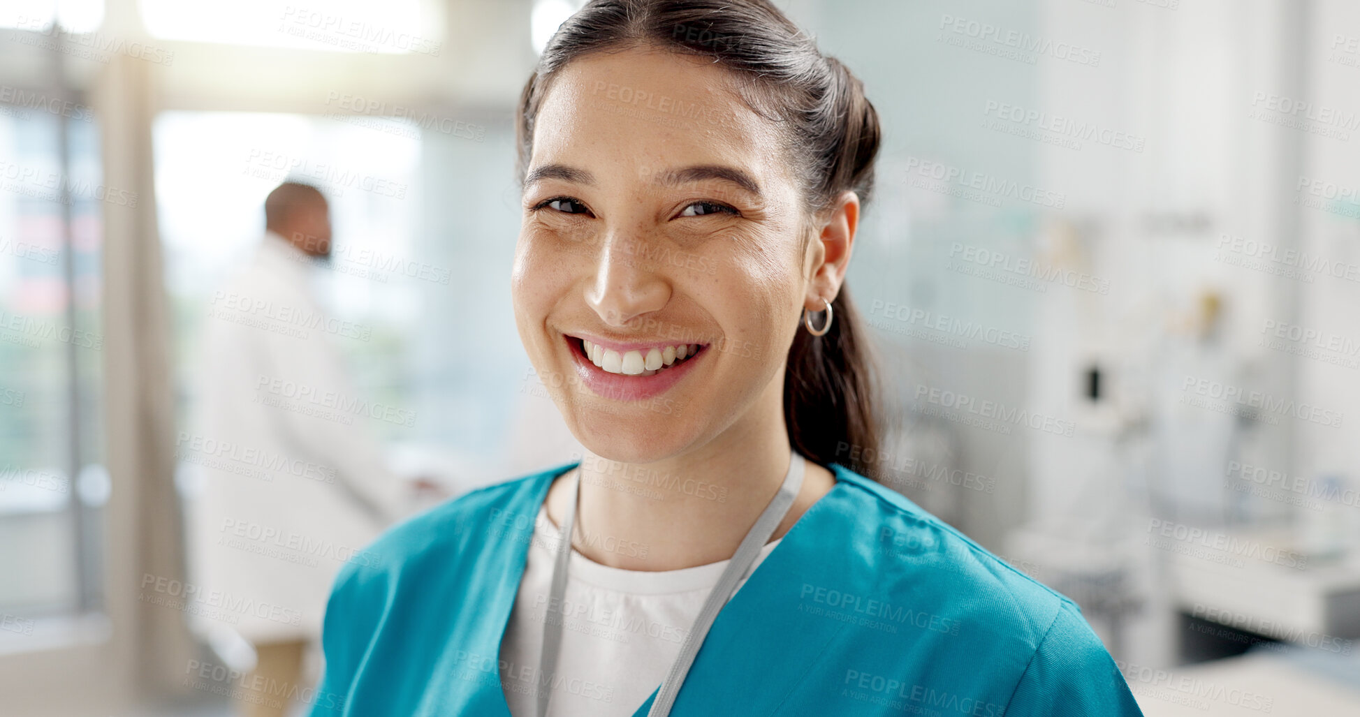 Buy stock photo Medical, smile and portrait of nurse in a hospital for healthcare, medicine and employee working in a clinic. Health, care and service by professional woman doctor in surgery or operation room