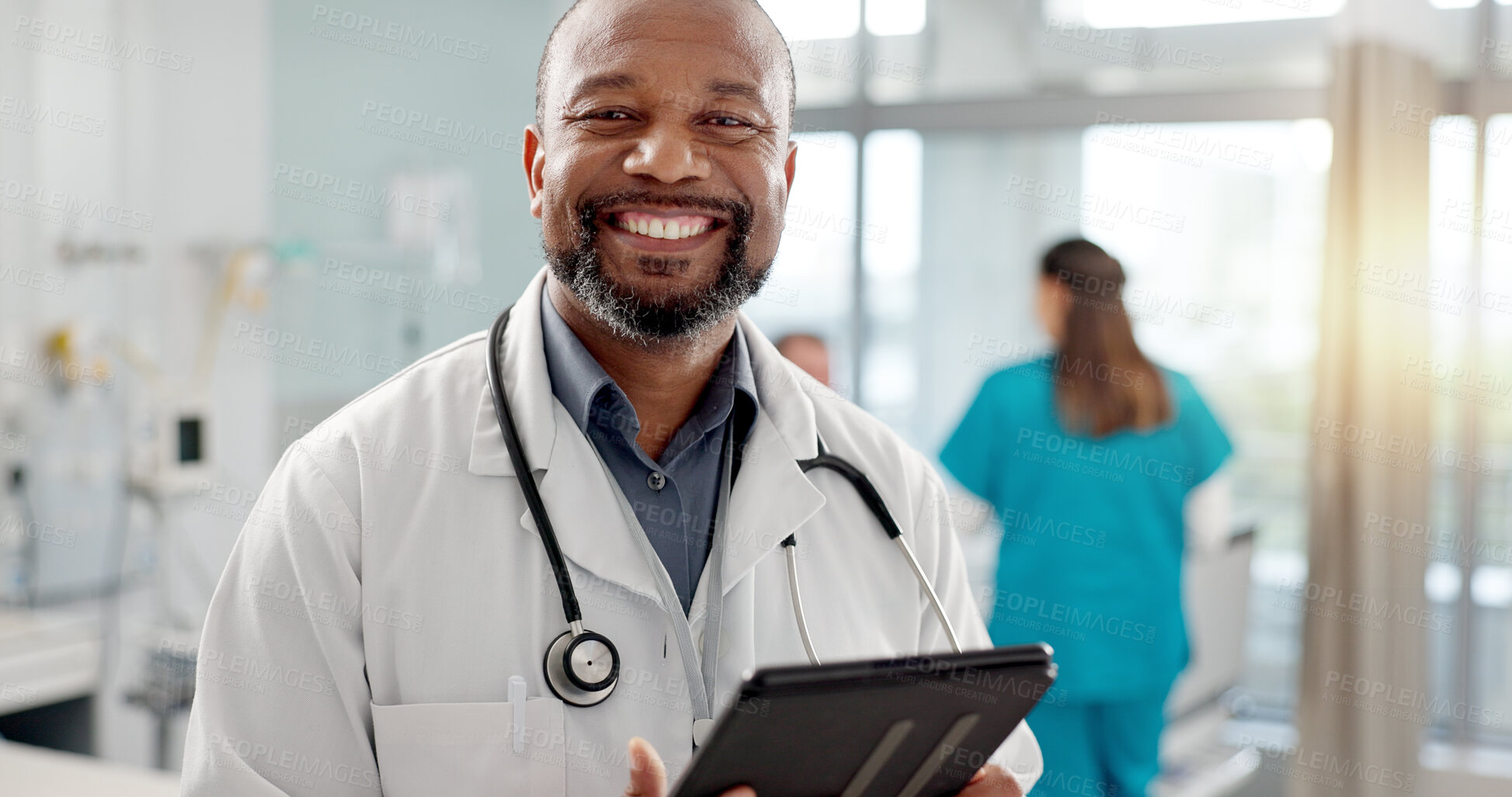 Buy stock photo Hospital, face and black man with a tablet, doctor and typing with website info, internet and consultant. African person, portrait and medical professional with tech, clinic and research with email
