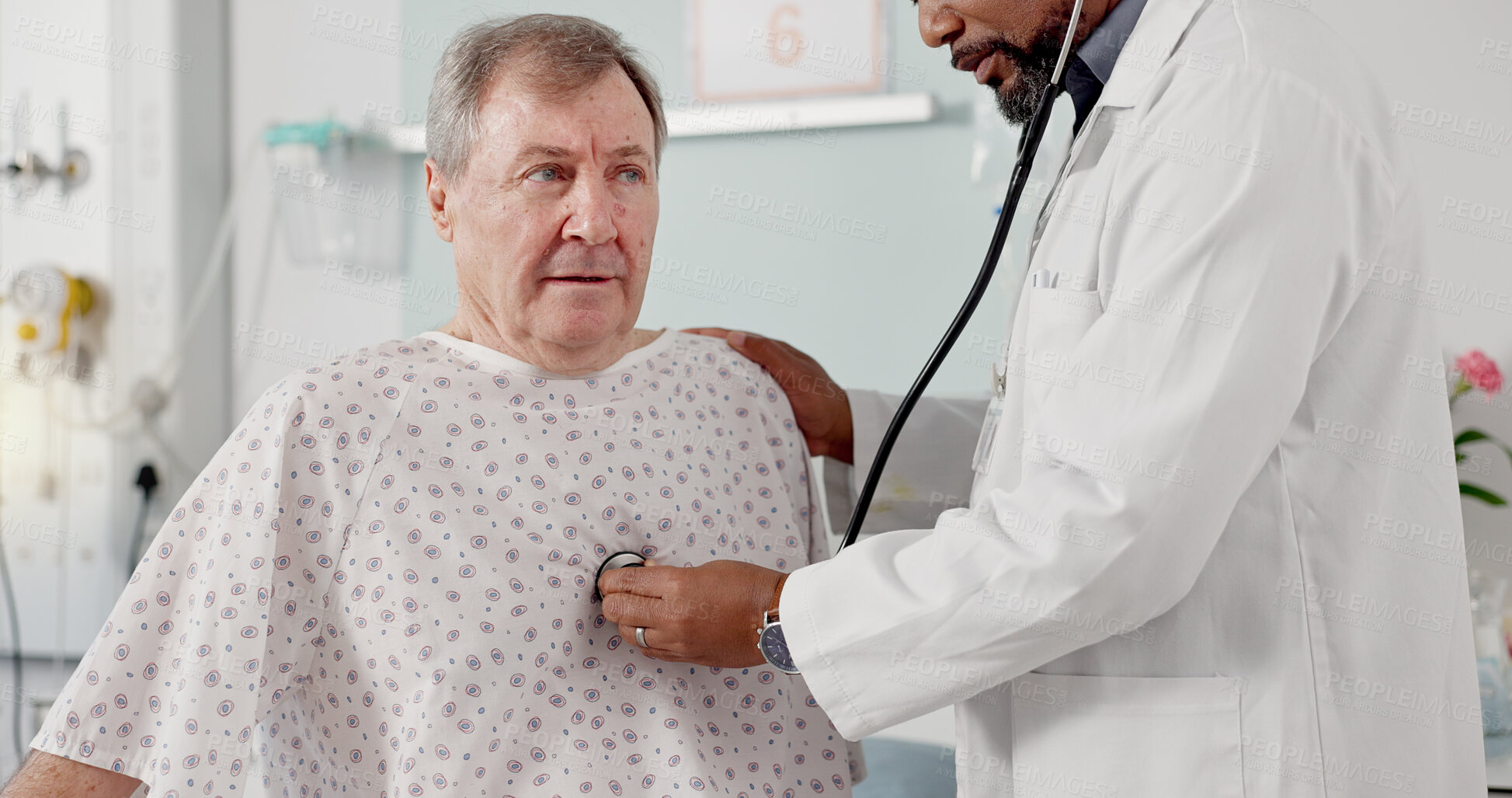 Buy stock photo Senior man, doctor and listening to heart beat, rate or breathing in cardiology with patient at hospital. Medical professional, nurse or surgeon checking respiratory on client in checkup or diagnosis
