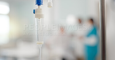 IV drip, liquid and medicine in a hospital for healthcare, virus or help in an emergency. Health, clinic and a fluid, solution or drug for medical treatment, therapy or infusion for a disease