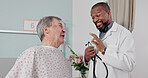 Senior man, doctor and hospital with good news from breathing check and stethoscope in a clinic. Elderly care, wellness and medical help with African professional with healthcare and ok hand sign
