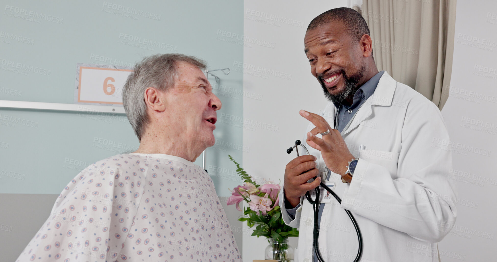 Buy stock photo Senior man, doctor and hospital with good news from breathing check and stethoscope in a clinic. Elderly care, wellness and medical help with African professional with healthcare and ok hand sign