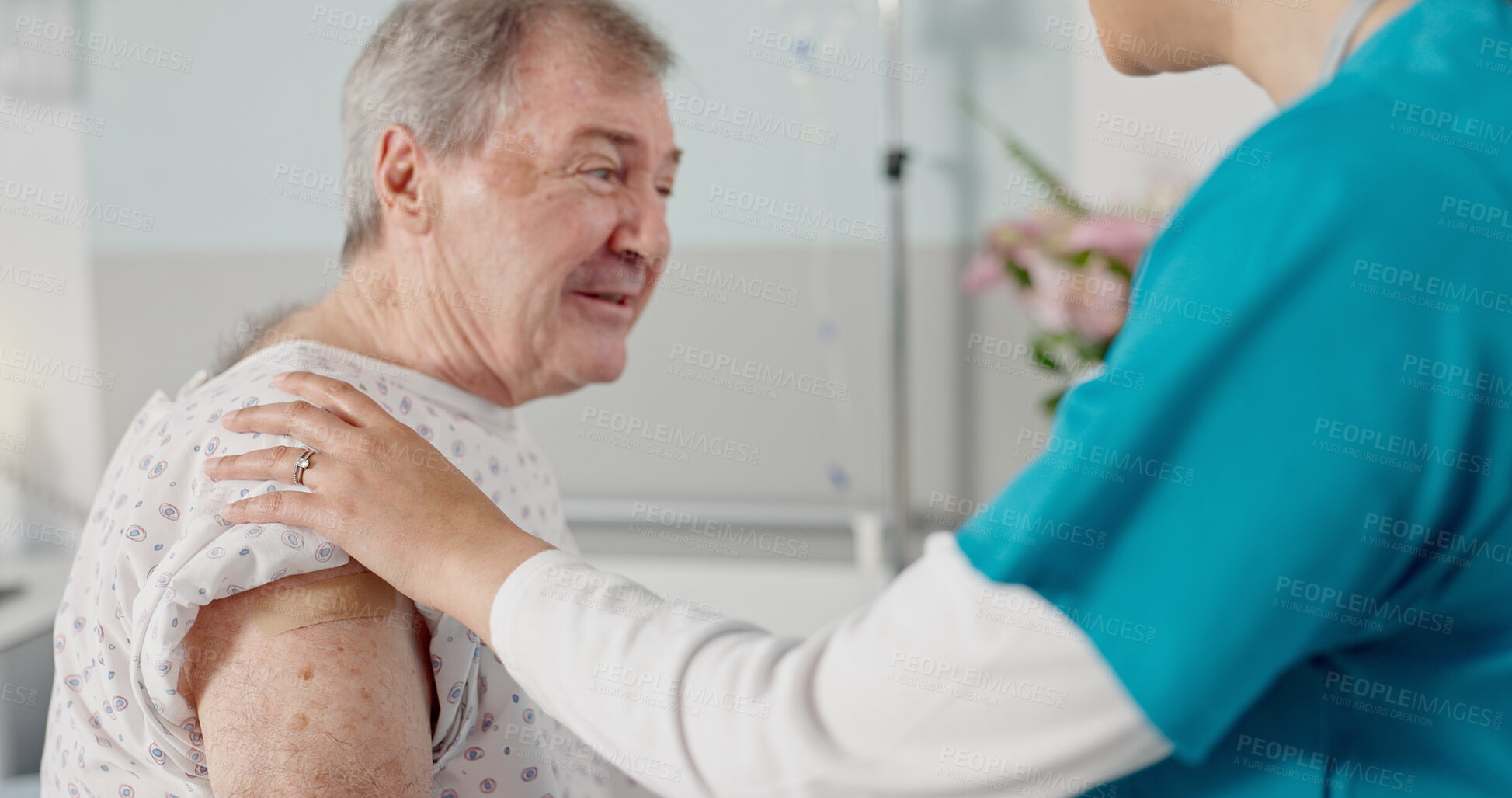 Buy stock photo Doctor, bandage and senior man with vaccine, injection and medicine in hospital for medical service. Healthcare, consulting and nurse with elderly patient for virus protection, plaster and safety
