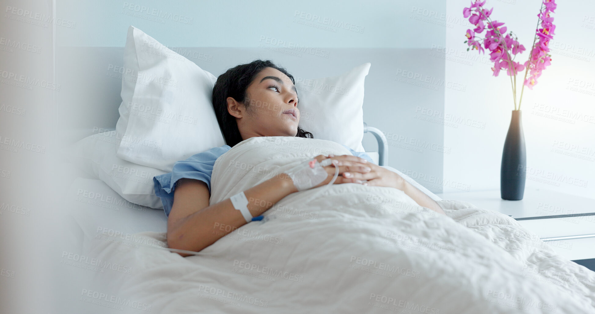 Buy stock photo Hospital bed, woman and stress with thinking about medical support and surgery at a clinic. Anxiety, sad and tired female patient with recovery and healthcare treatment in a ICU room of sick person