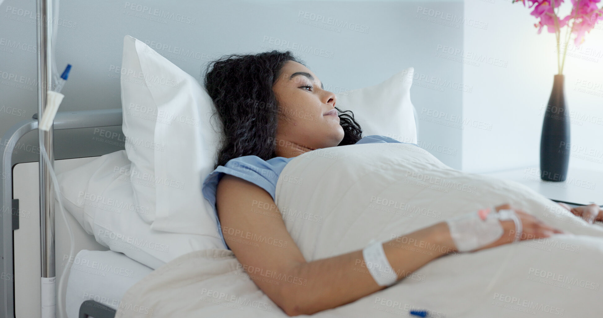 Buy stock photo Woman hand, bed and iv drip in closeup, hospital or treatment for hydration, liquid or supplement. Person, healthcare and wellness for blood transfusion, anesthesia or pharma drugs for pain in clinic