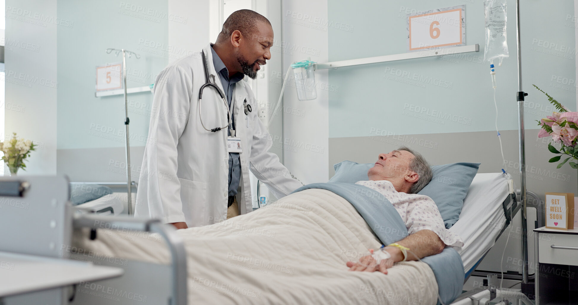 Buy stock photo Consultation, healthcare and doctor with patient in hospital after surgery, treatment or procedure. Discussion, checkup and African male medical worker talk to senior man in clinic bed for diagnosis.