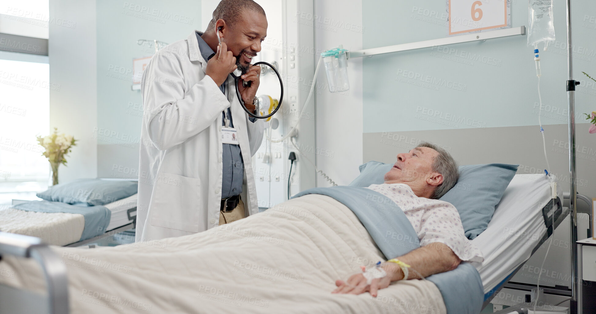 Buy stock photo Consultation, stethoscope and doctor with patient in hospital after surgery, treatment or procedure. Discussion, checkup and African male medical worker talk to senior man in clinic bed for diagnosis