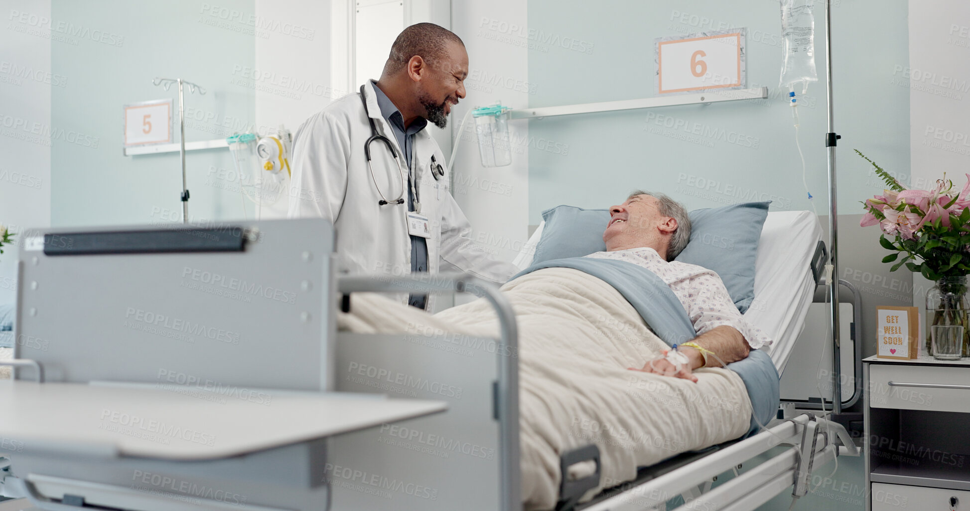 Buy stock photo Consultation, medical and doctor with patient in hospital after surgery, treatment or procedure. Discussion, checkup and African male healthcare worker talk to senior man in clinic bed for diagnosis.