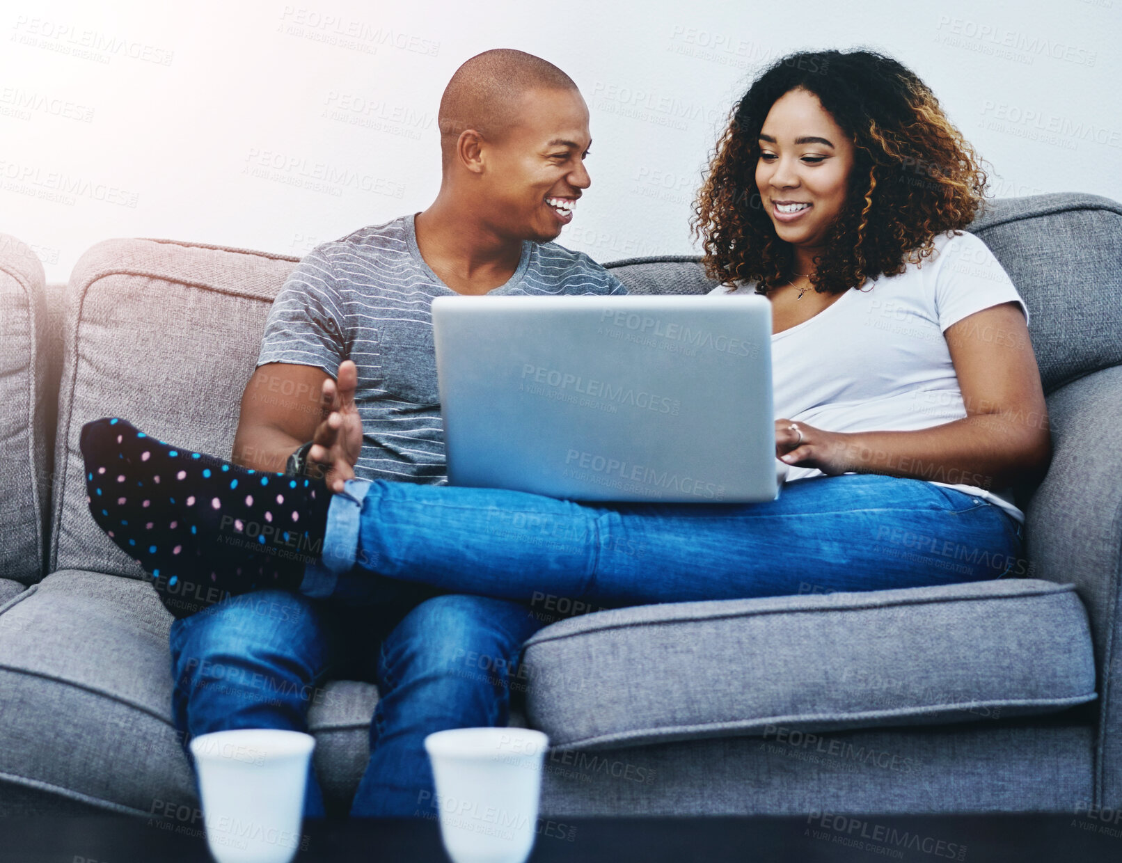 Buy stock photo Relax, sofa and couple with laptop for search, streaming subscription and smile in living room. Computer, man and woman on couch with online video for movie date with chat, love and support in home.