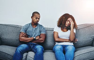 Buy stock photo Frustrated couple, sofa and divorce with fight in disagreement, conflict or argument for cheating affair at home. Man or woman in toxic relationship, breakup or ignore in living room dispute at house