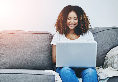 Buy stock photo Sofa, smile and black woman with laptop for search, networking and online freelance project in home. Relax, remote work and girl on couch with computer for streaming, email or internet subscription.