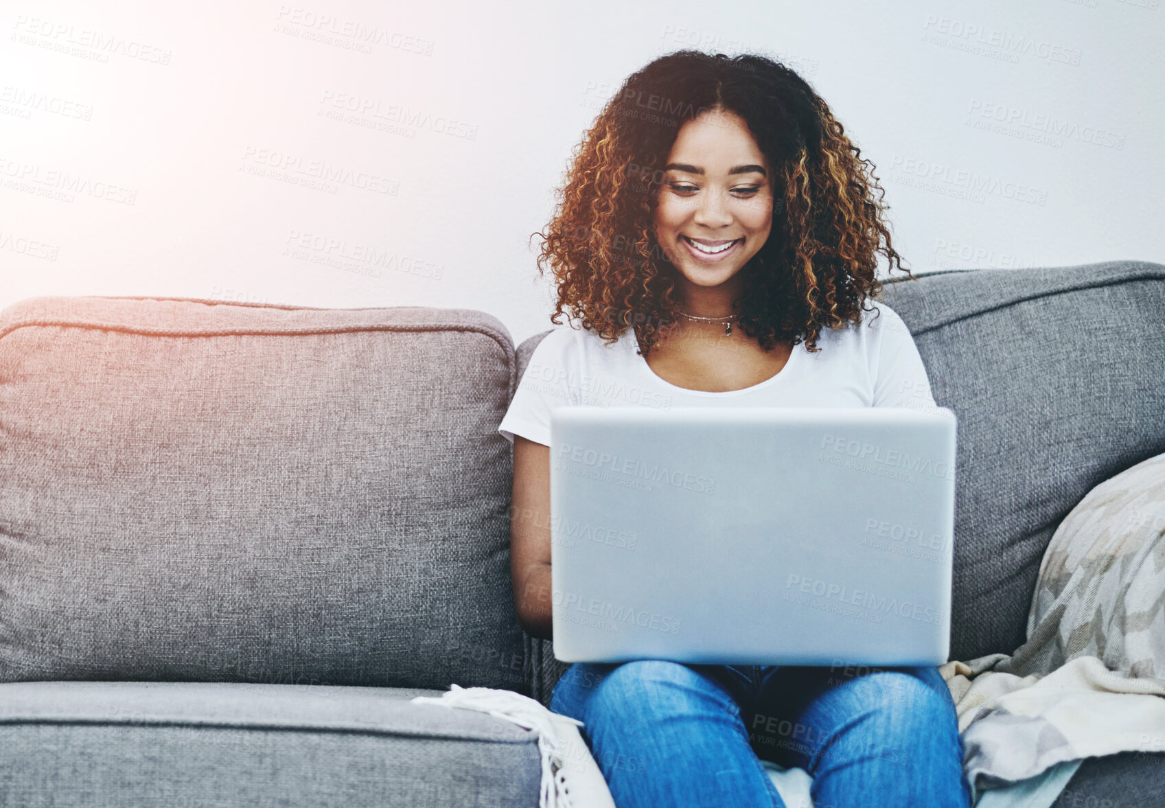 Buy stock photo Sofa, smile and black woman with laptop for search, networking and online freelance project in home. Relax, remote work and girl on couch with computer for streaming, email or internet subscription.