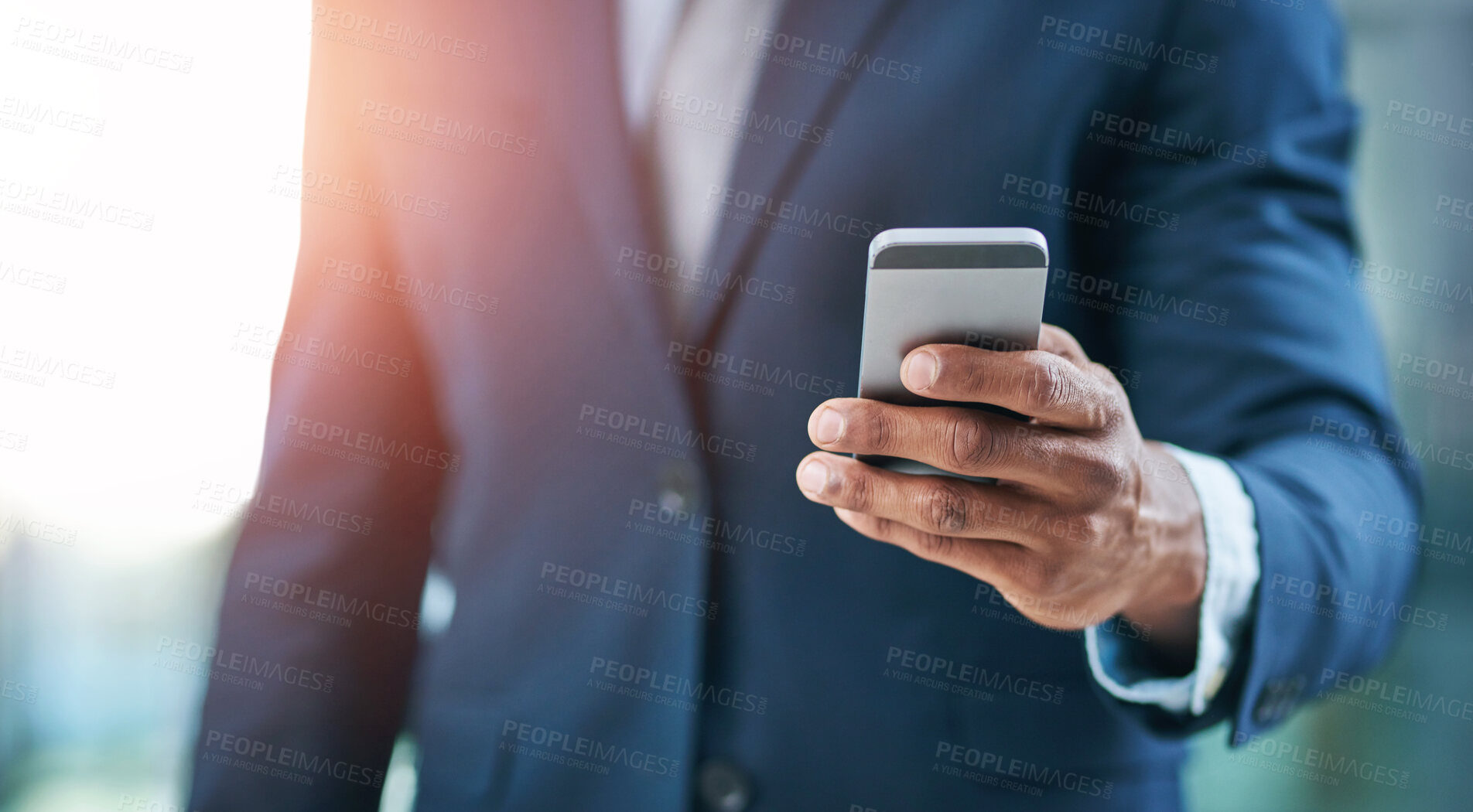 Buy stock photo Businessman, hand and phone or typing for communication with networking, reading email and notification. Professional, person and smartphone for internet browsing, company website and mobile research