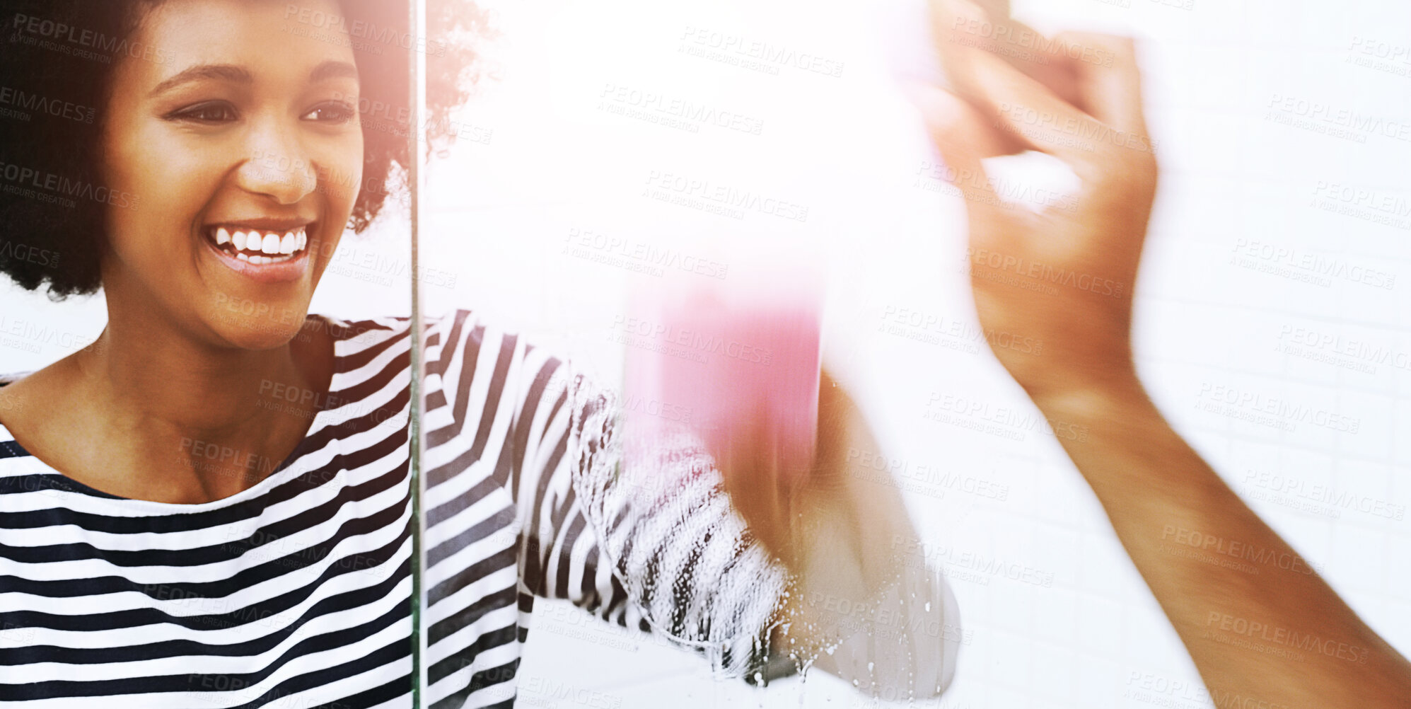 Buy stock photo Cleaning, happy woman or clean mirror in bathroom for shine, polishing or reflection at home. Maintenance, person or wipe glass in house for service, dirt or hygiene with smile for housework and soap