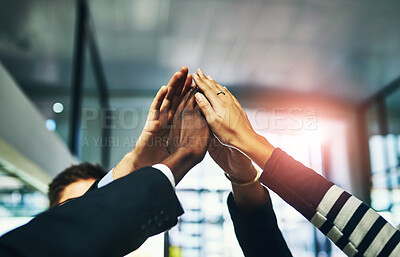 Buy stock photo Hands up, together and diversity in office with teamwork for business, inclusion or commitment for job. Group, people and fingers in huddle with collaboration for team building, staff with solidarity