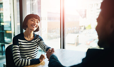 Buy stock photo Shaking hands, agreement and business woman in office for b2b partnership, deal or recruitment. Smile, meeting and female hr manager with hiring candidate for job interview greeting handshake.