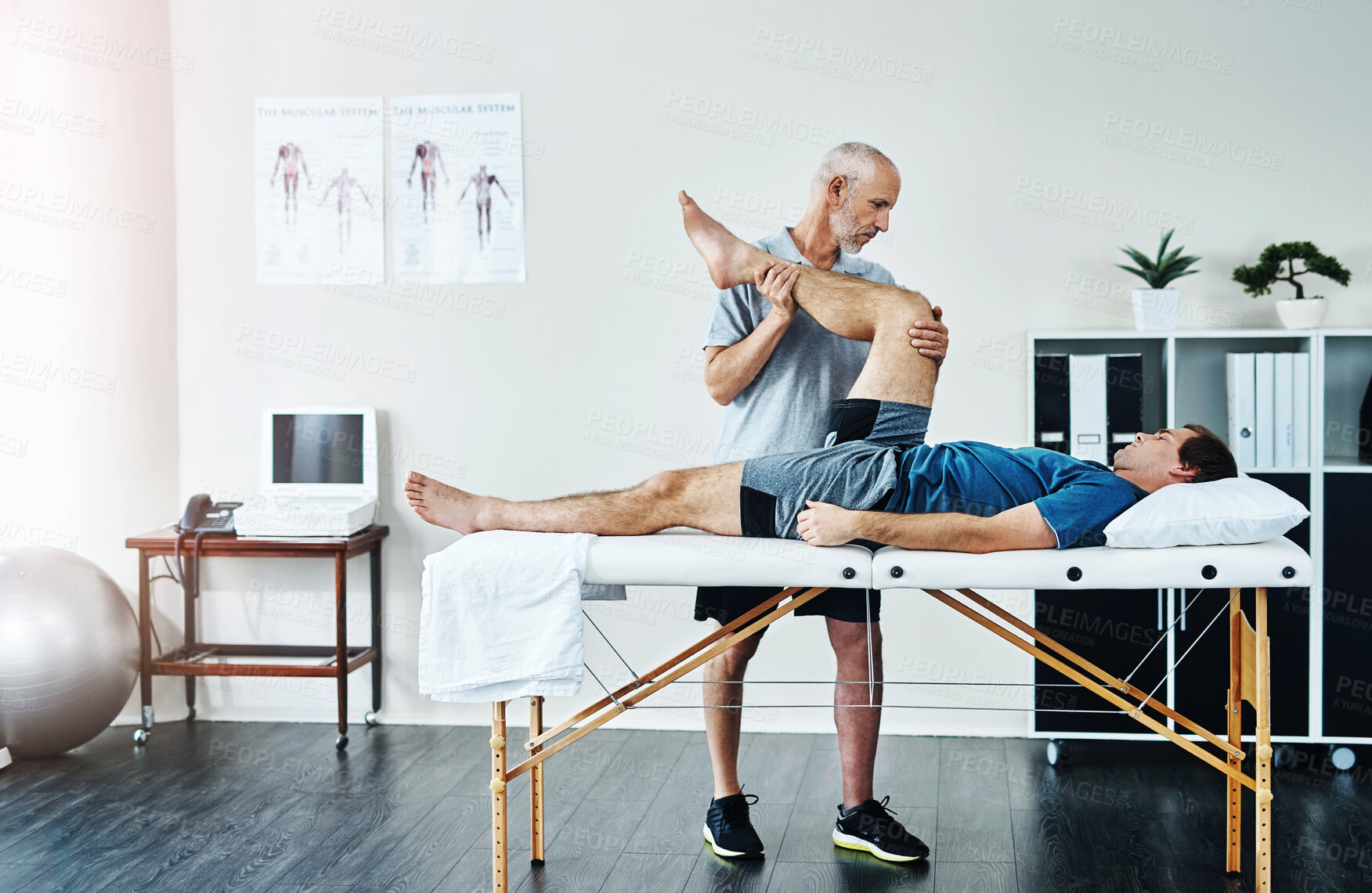 Buy stock photo Healing, physiotherapist or patient with healthcare, leg injury or recovery with wellness, care or stretching. Male person, customer or chiropractor with physical therapy, rehabilitation or knee pain