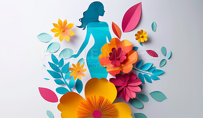 Abstract, flower and woman design in the style of papercut for backdrop, wallpaper or graphic poster advertising with copyspace. Rainbow, layers and craft template for background, banner or mockup