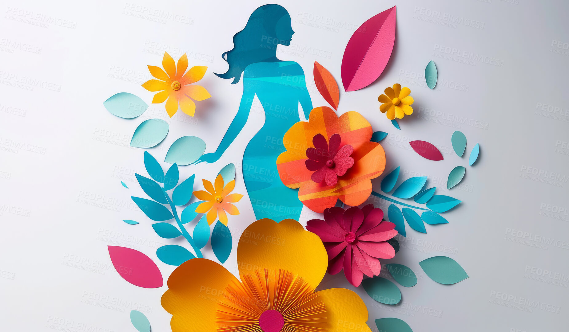 Buy stock photo Abstract, flower and woman design in the style of papercut for backdrop, wallpaper or graphic poster advertising with copyspace. Rainbow, layers and craft template for background, banner or mockup