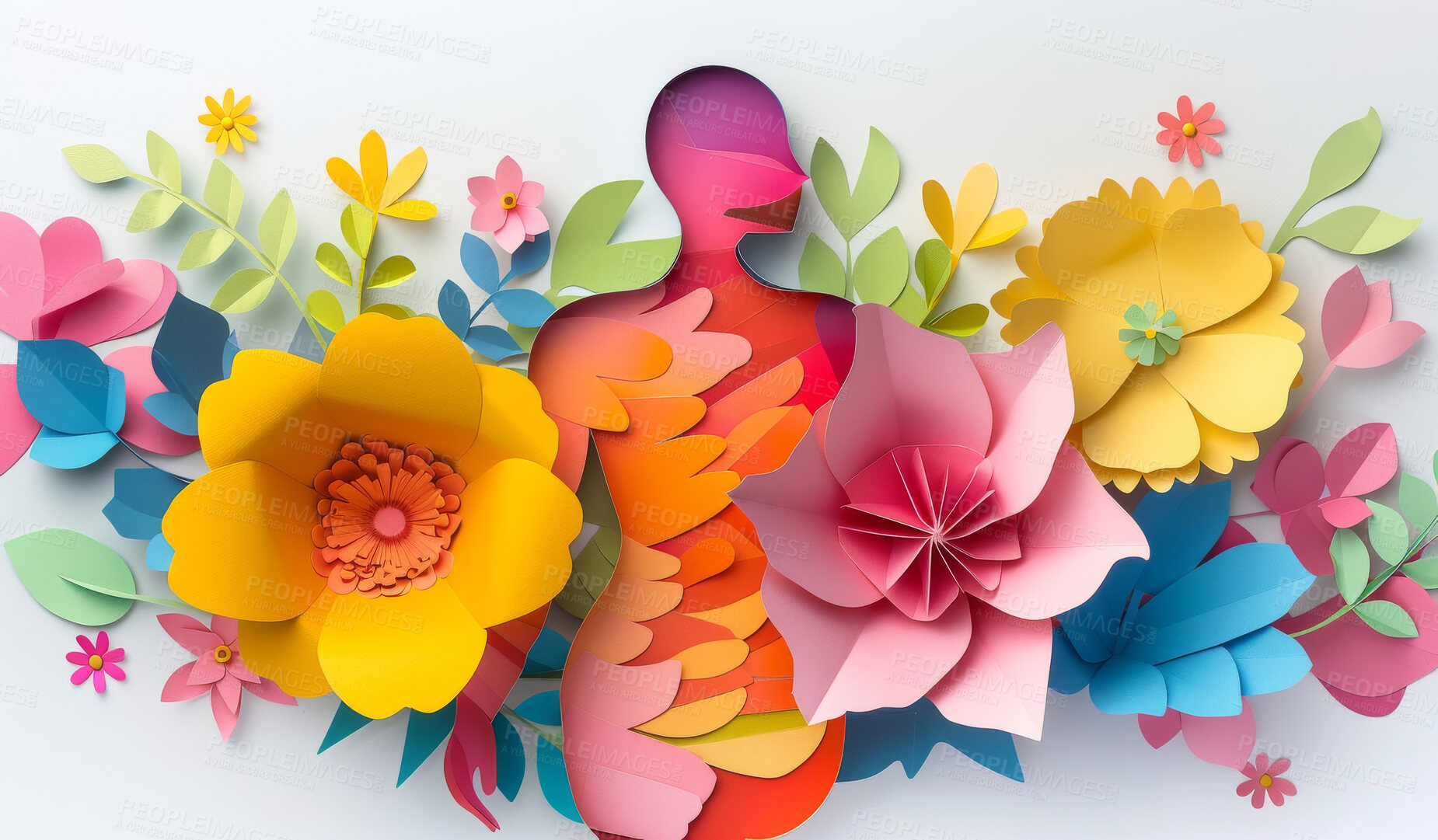 Buy stock photo Abstract, flower and woman design in the style of papercut for backdrop, wallpaper or graphic poster advertising with copyspace. Rainbow, layers and craft template for background, banner or mockup