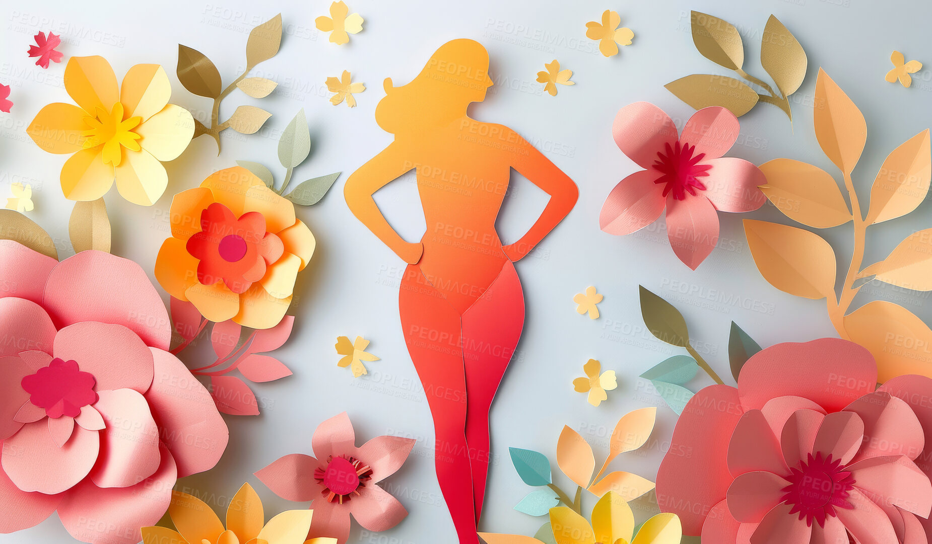 Buy stock photo Abstract, flower and woman design in the style of papercut for backdrop, wallpaper or graphic poster advertising with copyspace. Rainbow, layers and craft template for background, banner or mockup