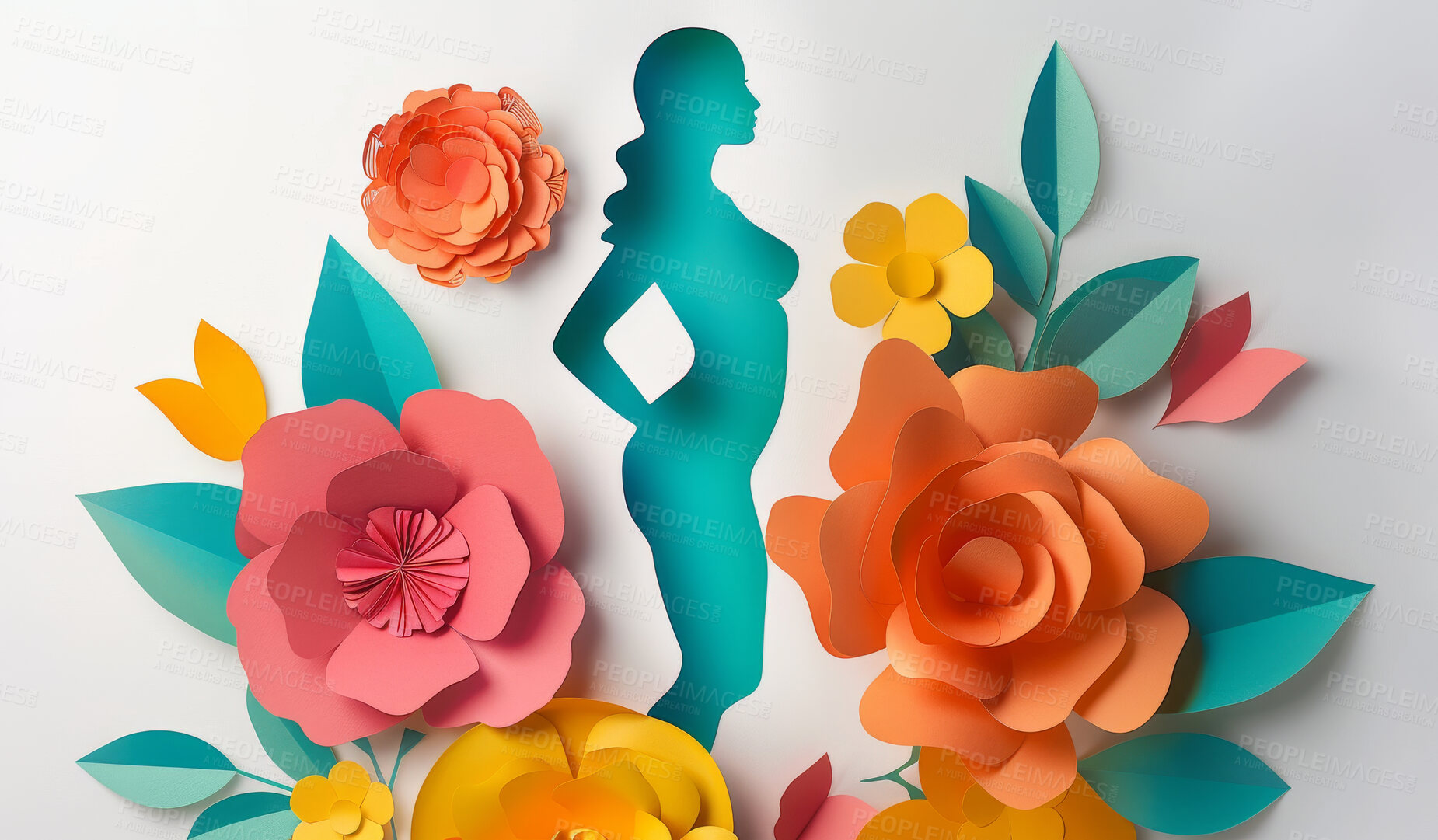 Buy stock photo Abstract, flower and woman design in the style of papercut for backdrop, wallpaper or graphic poster advertising with copyspace. Rainbow, layers and craft template for background, banner or mockup