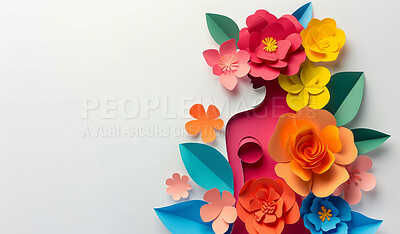 Abstract, flower and woman design in the style of papercut for backdrop, wallpaper or graphic poster advertising with copyspace. Rainbow, layers and craft template for background, banner or mockup