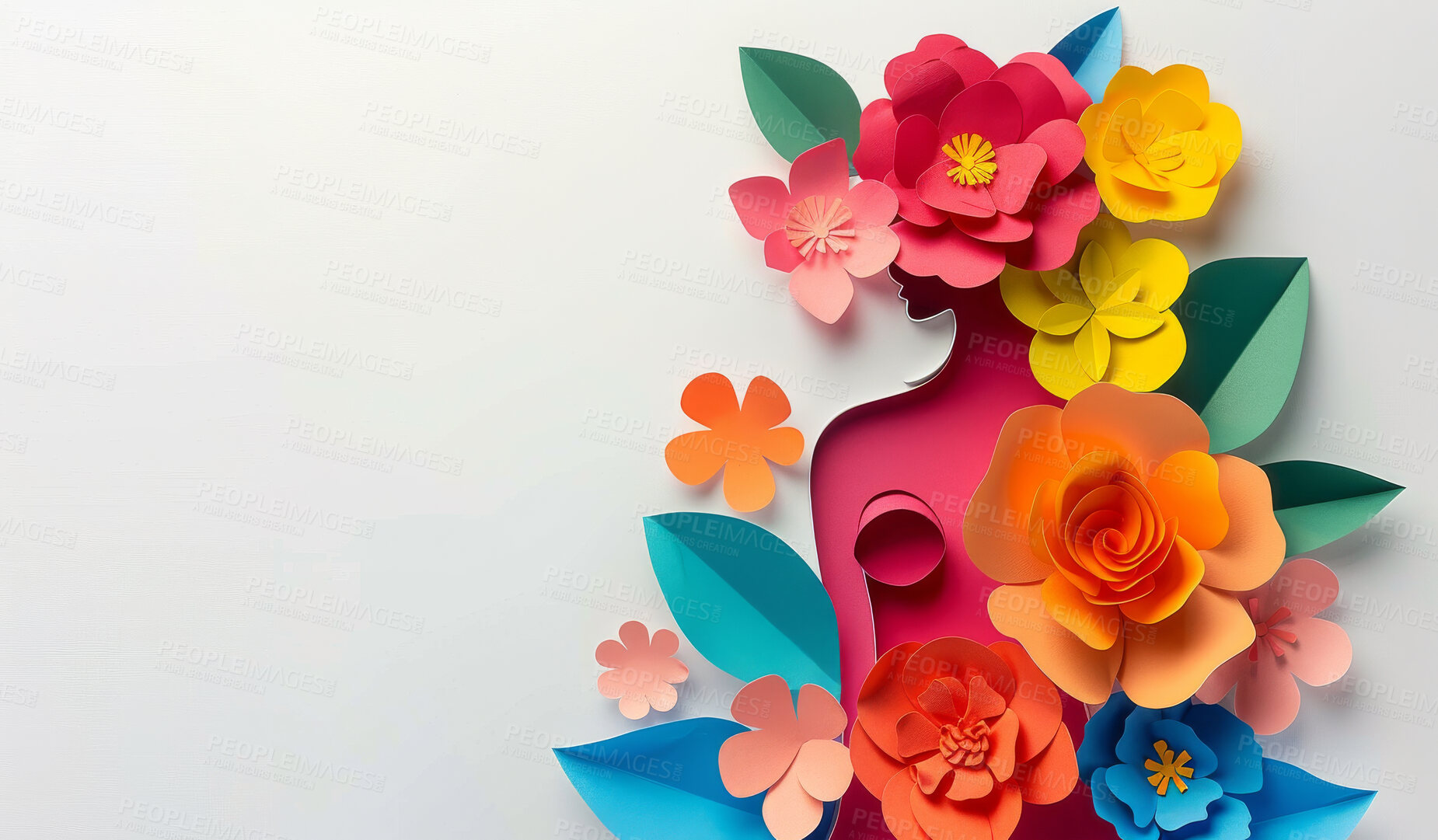 Buy stock photo Abstract, flower and woman design in the style of papercut for backdrop, wallpaper or graphic poster advertising with copyspace. Rainbow, layers and craft template for background, banner or mockup