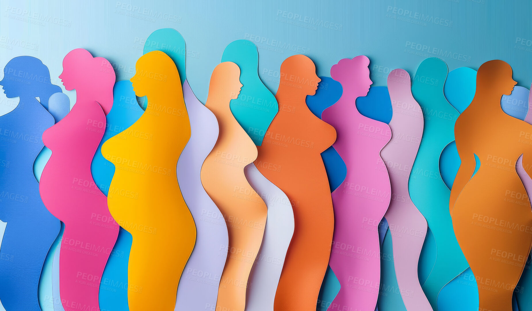 Buy stock photo Women, silhouette and creative design in the style of paper for feminism, diversity or body positive poster with copyspace. Rainbow, layers and craft template for background, banner or Women's rights