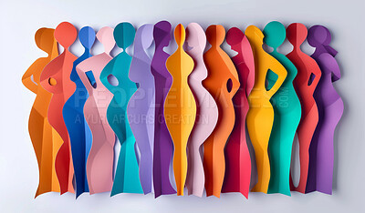 Women, silhouette and creative design in the style of paper for feminism, diversity or body positive poster with copyspace. Rainbow, layers and craft template for background, banner or Women's rights