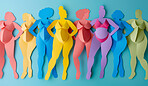 Women, silhouette and creative design in the style of paper for feminism, diversity or body positive poster with copyspace. Rainbow, layers and craft template for background, banner or Women's rights