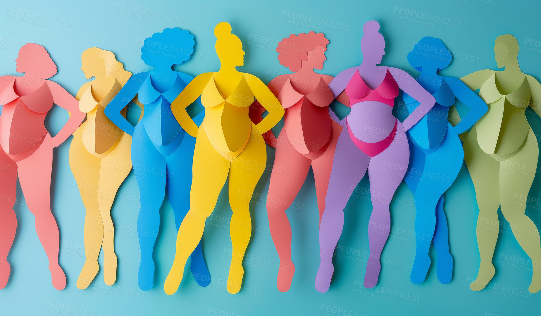 Buy stock photo Women, silhouette and creative design in the style of paper for feminism, diversity or body positive poster with copyspace. Rainbow, layers and craft template for background, banner or Women's rights