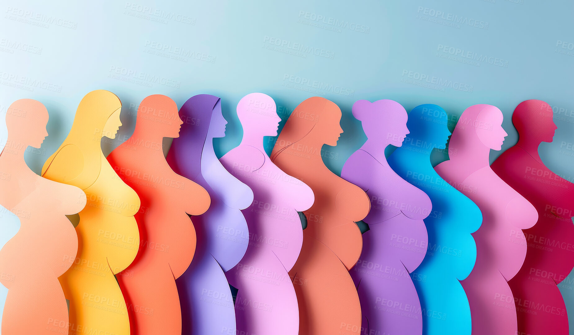 Buy stock photo Women, silhouette and creative design in the style of paper for feminism, diversity or body positive poster with copyspace. Rainbow, layers and craft template for background, banner or Women's rights