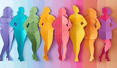 Women, silhouette and creative design in the style of paper for feminism, diversity or body positive poster with copyspace. Rainbow, layers and craft template for background, banner or Women's rights
