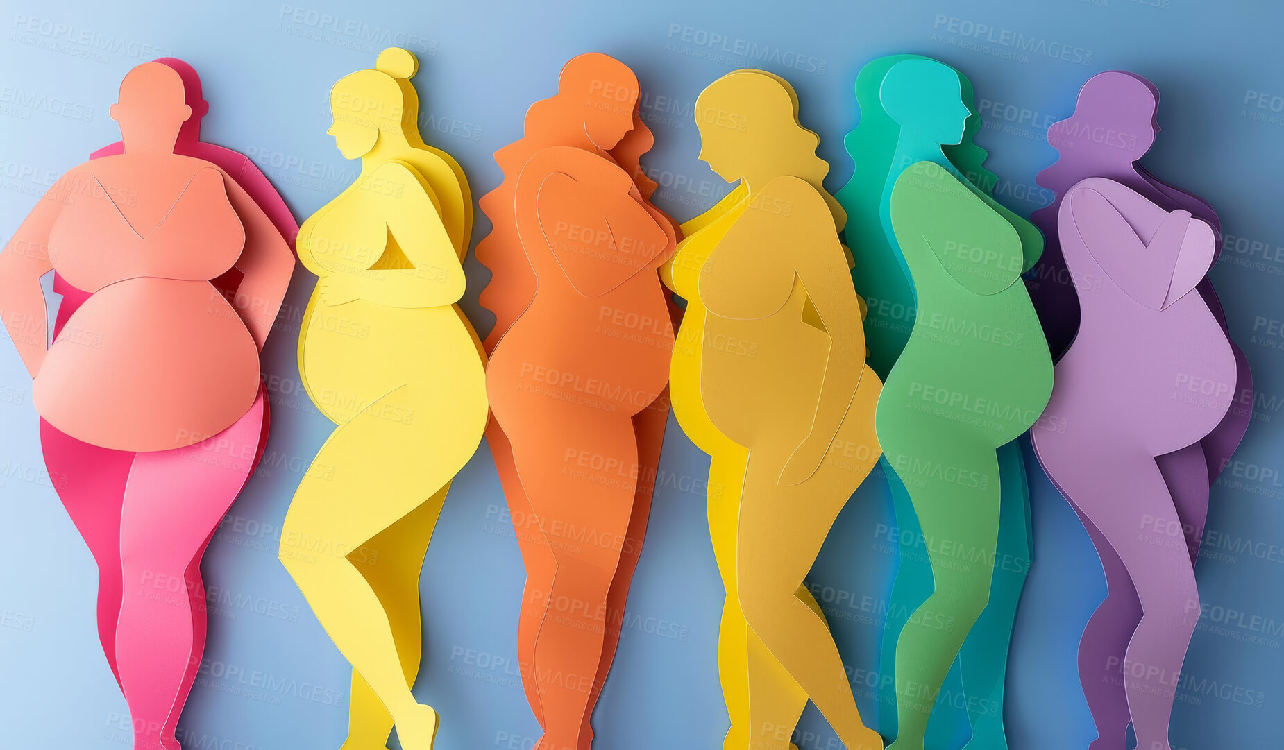 Buy stock photo Women, silhouette and creative design in the style of paper for feminism, diversity or body positive poster with copyspace. Rainbow, layers and craft template for background, banner or Women's rights