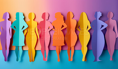 Women, silhouette and creative design in the style of paper for feminism, diversity or body positive poster with copyspace. Rainbow, layers and craft template for background, banner or Women\'s rights