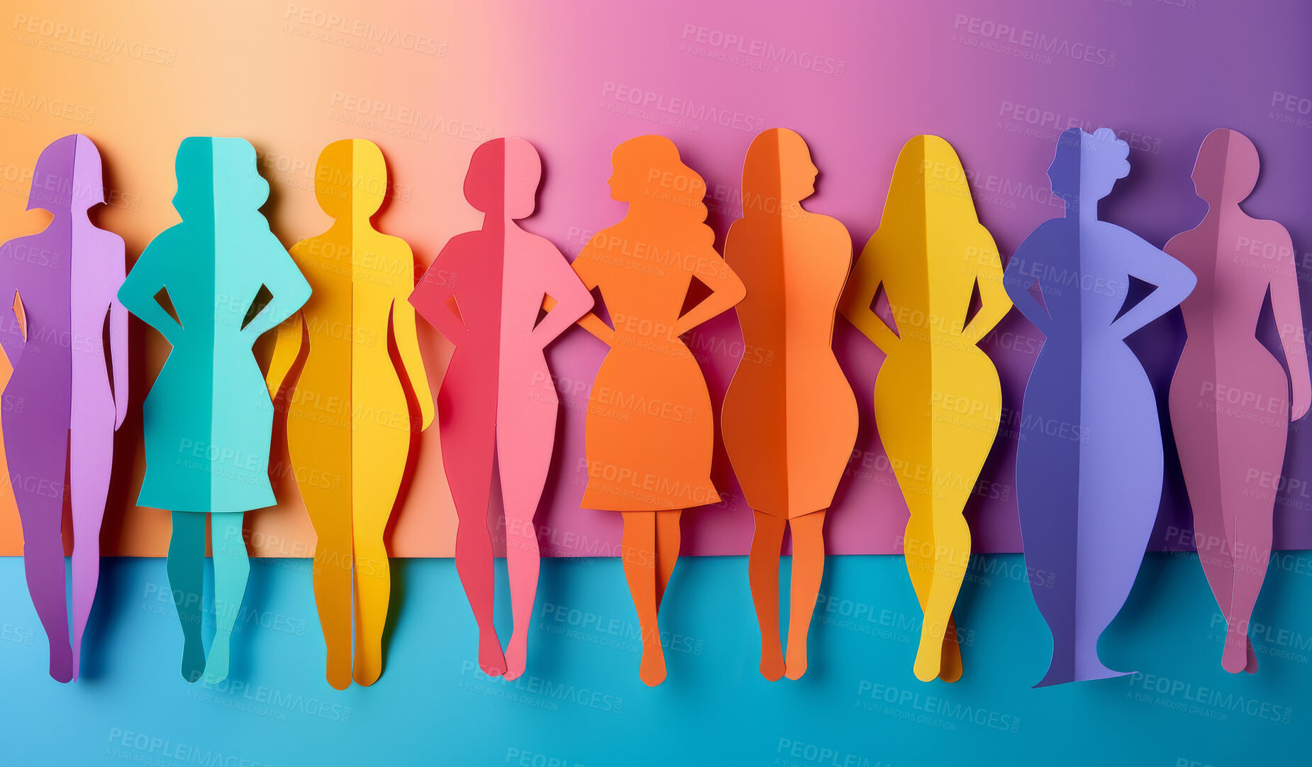 Buy stock photo Women, silhouette and creative design in the style of paper for feminism, diversity or body positive poster with copyspace. Rainbow, layers and craft template for background, banner or Women's rights