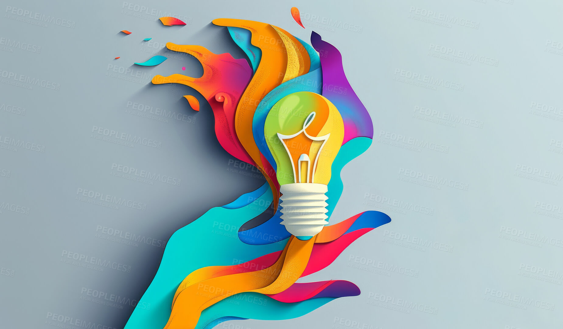 Buy stock photo Abstract, lightbulb and creative design in the style of paper for backdrop, wallpaper or graphic poster advertising with copyspace. Color, layers or craft template for inspiration, idea or creativity