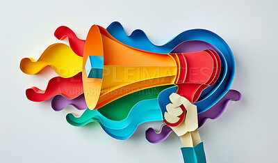 Abstract, megaphone and creative design in the style of paper for backdrop, wallpaper or graphic poster advertising with copyspace. Rainbow, layers and craft template for background, protest or mockup
