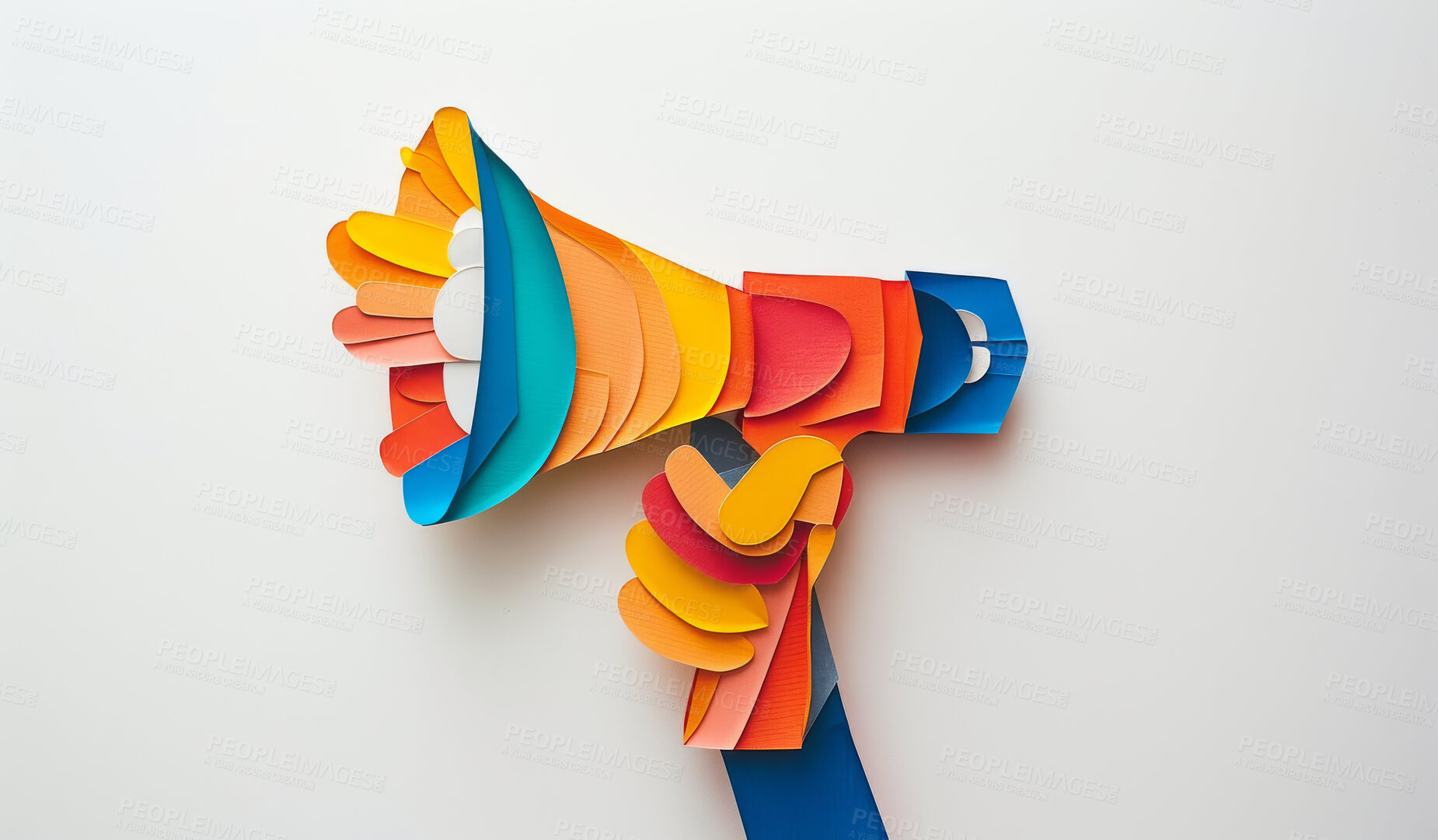 Buy stock photo Abstract, megaphone and creative design in the style of paper for backdrop, wallpaper or graphic poster advertising with copyspace. Rainbow, layers and craft template for background, protest or mockup