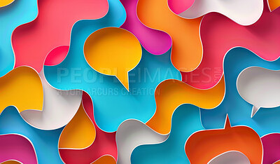 Abstract, paper and speech bubble in the style of curves for backdrop, wallpaper or graphic poster advertising with copyspace. Colourful, layers and craft template for background, banner or mockup