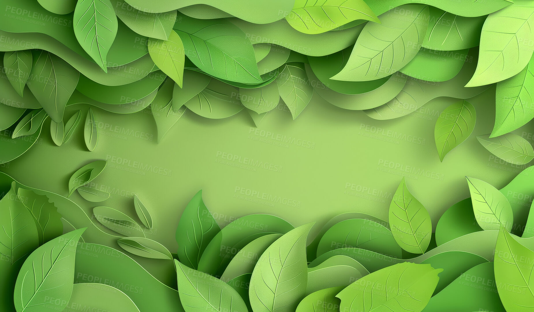 Buy stock photo Abstract, paper leaf and creative design in cutout style for backdrop, wallpaper or graphic poster advertising with copyspace. Green, layers and craft template for eco background, banner or mockup