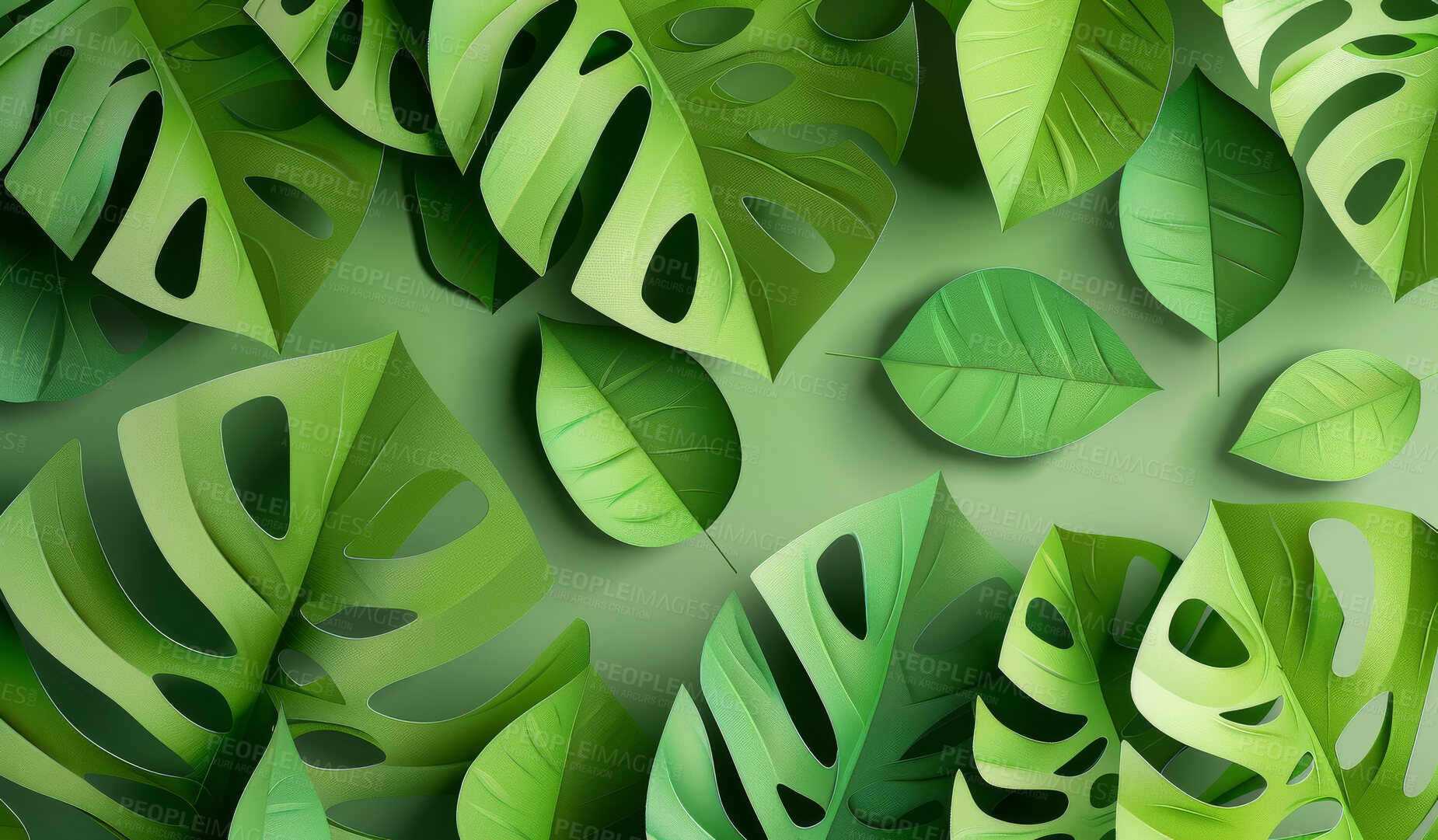 Buy stock photo Abstract, paper leaf and creative design in cutout style for backdrop, wallpaper or graphic poster advertising with copyspace. Green, layers and craft template for eco background, banner or mockup