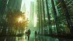 Abstract, walking and sunset with silhouette effect of workers walking, movement or business. Blurry, lights and modern office buildings. Wallpaper, background and corporate marketing for workforce