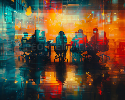 Abstract, boardroom or background with double exposure effect for brainstorming, collaboration and business. Illustration, lights and sunset cityscape wallpaper for corporate, marketing or teamwork