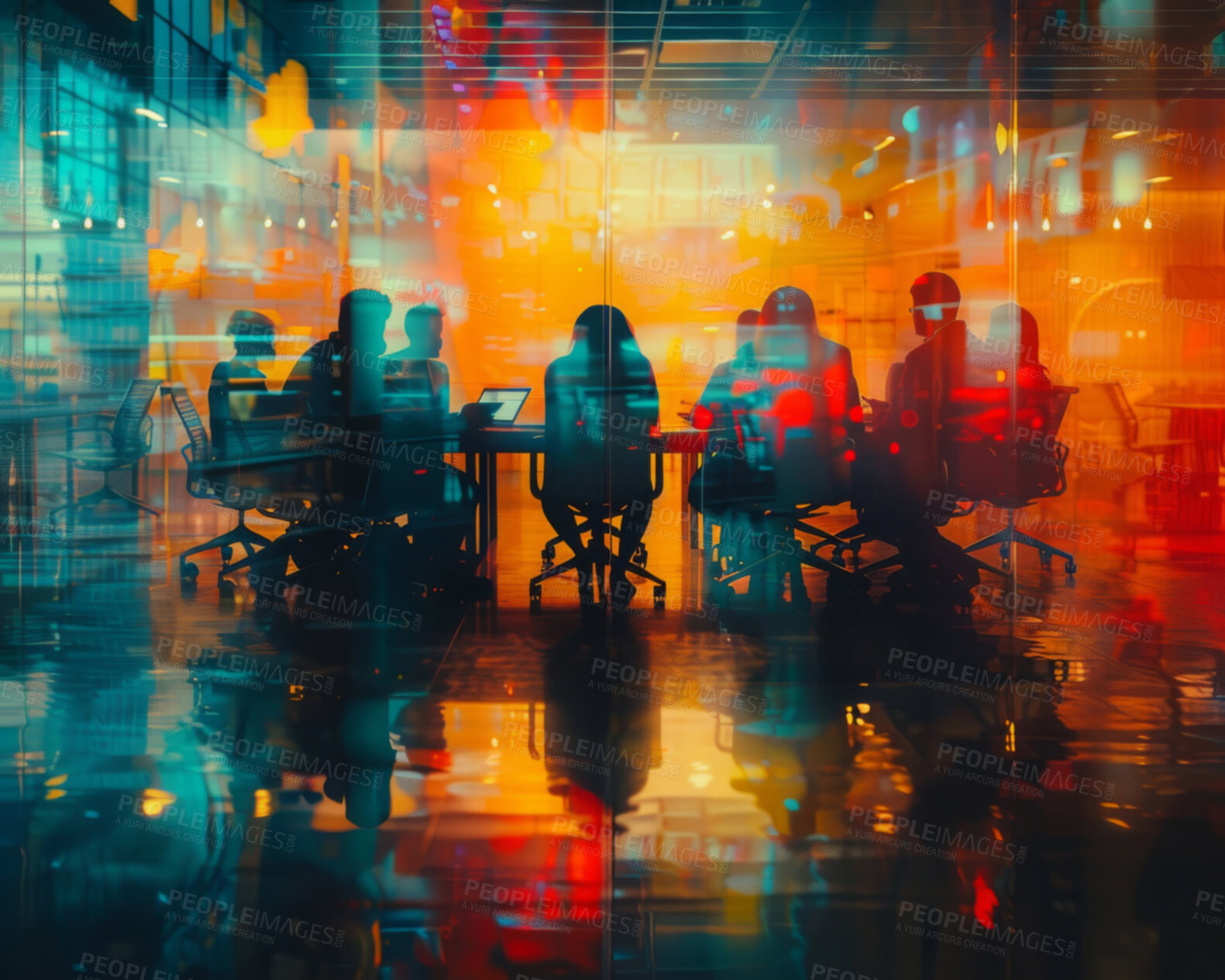 Buy stock photo Abstract, boardroom or background with double exposure effect for brainstorming, collaboration and business. Illustration, lights and sunset cityscape wallpaper for corporate, marketing or teamwork