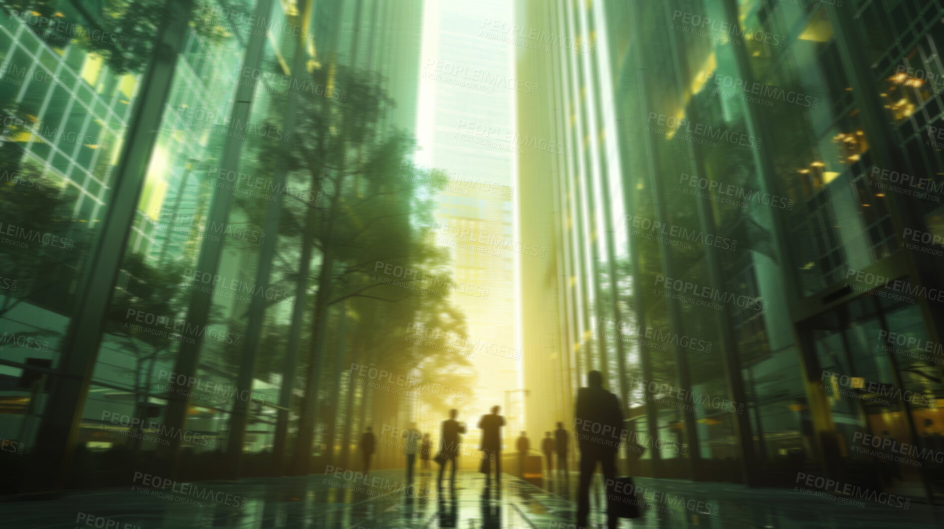 Buy stock photo Abstract, walking and sunset with silhouette effect of workers walking, movement or business. Blurry, lights and modern office buildings. Wallpaper, background and corporate marketing for workforce